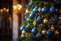 a christmas tree with blue and gold ornaments Royalty Free Stock Photo