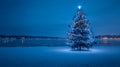 Christmas tree with blue and white lights, blurred icy lake background . Royalty Free Stock Photo