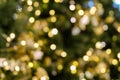 Christmas tree bokeh light in green yellow golden color, holiday abstract background, blur defocused Royalty Free Stock Photo