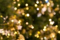Christmas tree bokeh light in green yellow golden color, holiday abstract background, blur defocused Royalty Free Stock Photo
