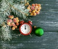 Christmas tree branch alarm decoration frame retro festive clock december on wooden snow background