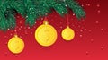 Christmas tree branch with decorative gold dollar symbol. Dollar sign as christmas bauble hanging on pine twig. Vector image for Royalty Free Stock Photo