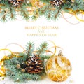 Christmas tree branch with gold serpentine and yellow sphere