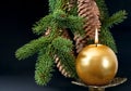 Christmas tree branch with golden burning candle Royalty Free Stock Photo