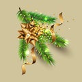 Christmas tree branch with golden confetti and streamer