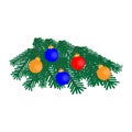 Christmas tree branch icon with festive Christmas decorations on white background