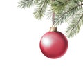 Christmas tree branch with red ball. Holiday card with glass ball on fir branches isolated on white background Royalty Free Stock Photo