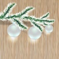 Christmas tree branch with silver balls. Wood background. illustration