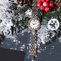 Christmas tree branch and a silver wristwatch.