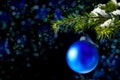 Christmas tree branch with snow and blue ornament Royalty Free Stock Photo