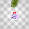 Christmas tree branch with xmas and new year ball decorated with snowgirl and ribbon Royalty Free Stock Photo