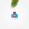 Christmas tree branch with xmas and new year ball decorated with snowman and bow Royalty Free Stock Photo