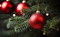 Christmas tree branches with red baubles and blurred background Royalty Free Stock Photo