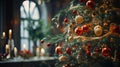 Christmas tree branches with colorful vintage ornaments and baubles Royalty Free Stock Photo