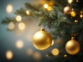 christmas tree branches decorated with golden baubles and lights holiday background copyspace