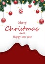 Christmas tree branches with Christmas decorations balls, Gold stars on snow-white shape, and red background.
