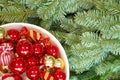 Christmas tree branches and Christmas decorations. Red balls and christmas tree branch