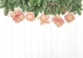 Christmas tree branches gift boxes wooden background Royalty Free Stock Photo