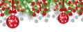 Christmas tree branches with holly berries and red baubles. Holidays decoration banner. Vector Royalty Free Stock Photo