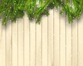 Christmas tree branches on light wooden background, vector illustration. Top view. Realistic fir-tree border, frame