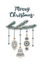Christmas tree branches with New Year toys. Merry Christmas card