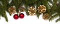 Christmas tree branches with red baubles and gold cones on white background. Royalty Free Stock Photo