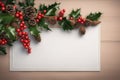 Christmas tree branches with red baubles on white background. Top view. ai generated Royalty Free Stock Photo