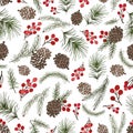 Christmas tree branches seamless pattern.Cone,berries