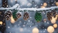 christmas tree branches A snowy Christmas with a pine cone banner and a fir branch. The pine cones are covered with snow Royalty Free Stock Photo