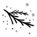 Christmas tree branches with toy. Fir branches. Hand drawn graphics holiday illustration. Cartoon isolated on white