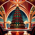 Christmas tree in building lobby, corporate business christmas in luxury retro art deco style