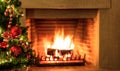 Christmas tree on burning fireplace background Royalty Free Stock Photo