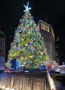 Christmas Tree at Campus Martius Park at night in downtown Detroit, Michigan at Christmastime. A giant Christmas Tree is on top of