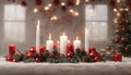 christmas tree with candles and decorations A cozy Christmas with a white hanging garland and a red background