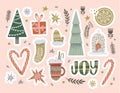 Christmas tree, candy cane and cacao mug rustic elements, set of stickers