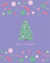 Vector Christmas tree card. Gifts, decorated tree, stars, candies. Royalty Free Stock Photo