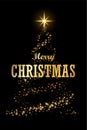 Christmas tree card, black background. Gold Christmas tree symbol Happy New Year, Merry Christmas holiday celebration Royalty Free Stock Photo