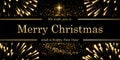 Christmas tree card, firework, black background. Gold Christmas tree symbol Happy New Year, Merry Christmas holiday Royalty Free Stock Photo