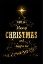 Christmas tree card, ribbon, black background. Gold Christmas tree symbol Happy New Year, Merry Christmas holiday Royalty Free Stock Photo