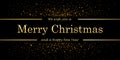 Christmas tree card, wishes text, black background. Gold Merry Christmas, symbol Happy New Year holiday celebration Royalty Free Stock Photo