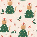 christmas tree cat funny seamless vector pattern background holiday illustration for greeting card Royalty Free Stock Photo