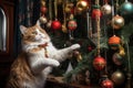 a christmas tree with a cat playfully swatting at hanging ornaments