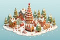 Christmas tree in the center and colorful house village city on snowing road in winter season holiday Generative AI 3D isometric Royalty Free Stock Photo