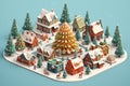 Christmas tree in the center and colorful house village city on snowing road in winter season holiday Generative AI Royalty Free Stock Photo