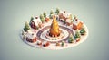 Christmas tree in the center and house village city circle, snow winter season holiday 3D isometric illustration Generative AI Royalty Free Stock Photo