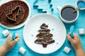 Christmas tree chocolate pancakes for kids Royalty Free Stock Photo