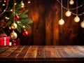 christmas tree christmas decorations background Empty Wooden Table Christmas Theme Copy Space Product Display Mockup Festive Royalty Free Stock Photo