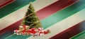 Christmas tree and christmas gifts colored creative diagonal background with neon stripes 3d-illustration Royalty Free Stock Photo