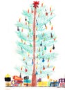 Christmas tree and christmas presents, childish crayons drawing