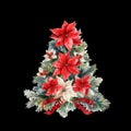 Christmas Tree Clipart adorned with ornaments, lights, and poinsettia christmas flower